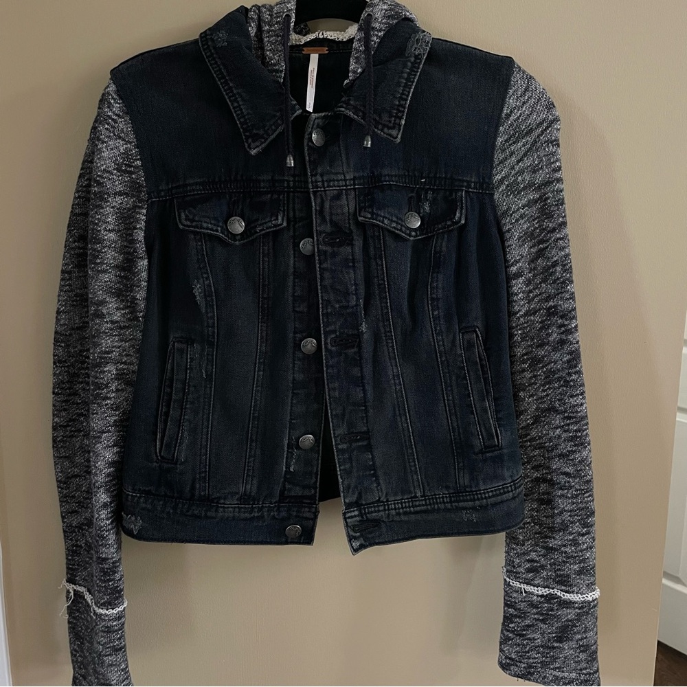 Free People Boho Black Denim Knit Sweatshirt Hooded Jacket, Size S Retail: $148
